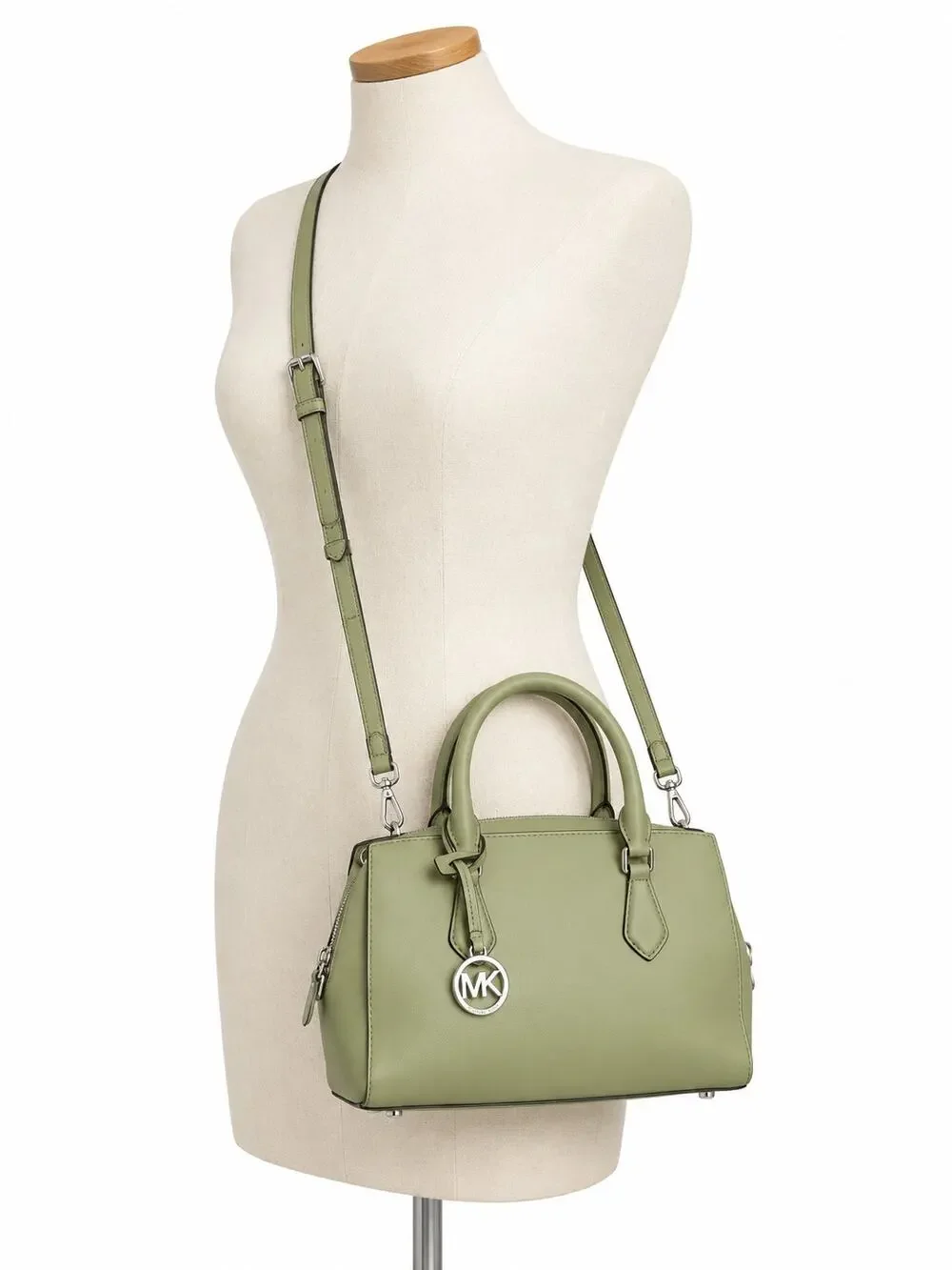 Michael Kors Sheila Light Sage Green Small Satchel Crossbody Bag w/ MK Charm